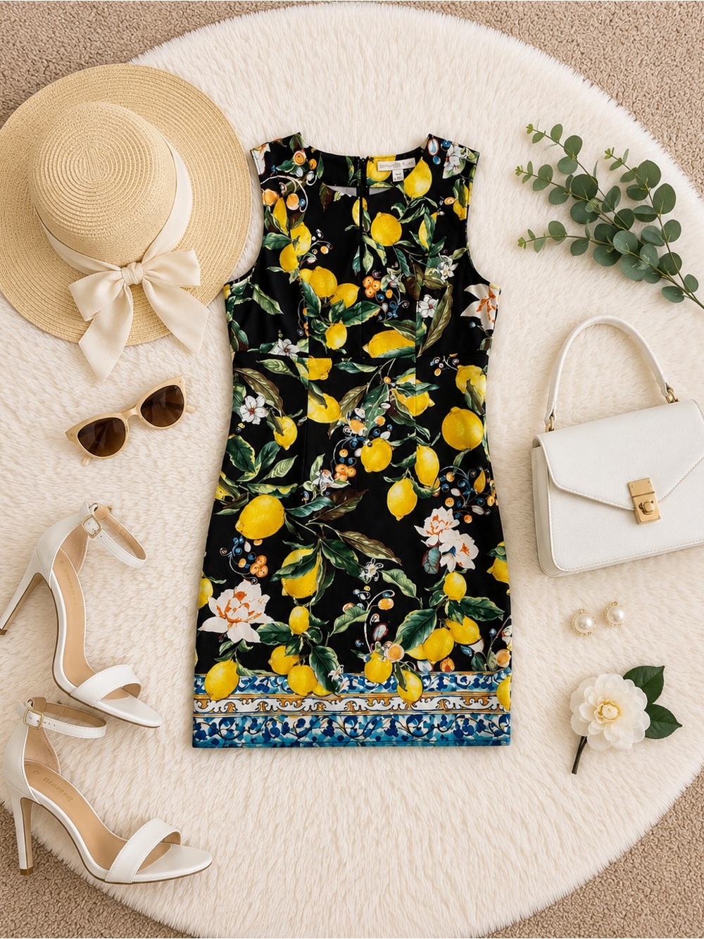 Women’s Black Lemon-Print Sheath Dress BOSTON PROPER SIZE 8